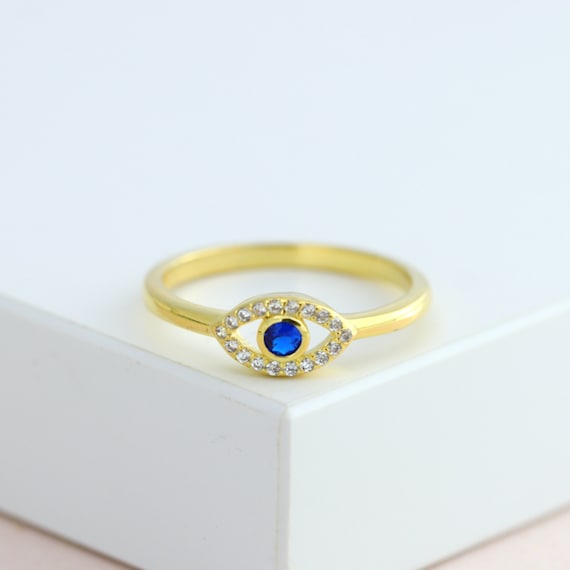 Blue Sapphire Evil Eye Ring Dainty Gold Talisman Ring Sterling