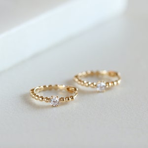 Solid Gold Beaded Huggie Hoop Earrings, Moissanite Diamond Mini Hoops in 10K/14K Gold, Minimalist Earrings image 1