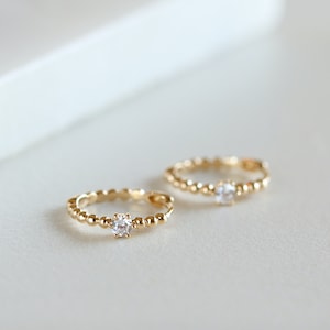 Solid Gold Beaded Huggie Hoop Earrings, Moissanite Mini Hoops, Gold Sleeper Earrings in 10K/14K, Minimalist Jewelry