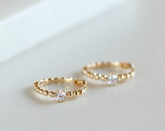 Solid Gold Beaded Huggie Hoop Earrings, Moissanite Mini Hoops, Gold Sleeper Earrings in 10K/14K, Minimalist Jewelry