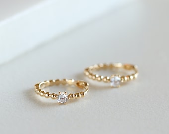 Solid Gold Beaded Huggie Hoop Earrings, Moissanite Diamond Mini Hoops in 10K/14K Gold, Minimalist Earrings