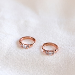 Rose Gold Diamond CZ Huggie Earrings, Small Hoops, Dainty Hoops, Tiny Cartilage Hoop, Bridesmaid Gift
