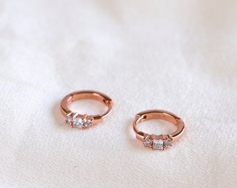 Rose Gold Diamond CZ Huggie Earrings, Small Hoops, Dainty Hoops, Tiny Cartilage Hoop, Bridesmaid Gift