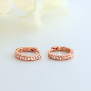 Rose Gold Vermeil Pave Huggie Hoop Earrings: Sterling Silver Ear Huggies
