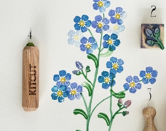 Forget-me-not mysotos flower stamp: 4 stamps for a flowering sprig of Forget-me-not, decoration stamp kit, spontaneous flower