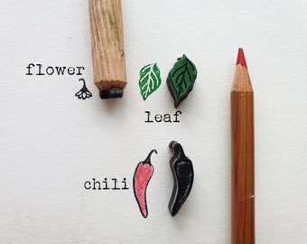 Chilli stamp, 3 stamps kit, chilli pepper, leaf, flower.  Draw your own chilli plant, lucky horn, diary decoration, paper for gift packages