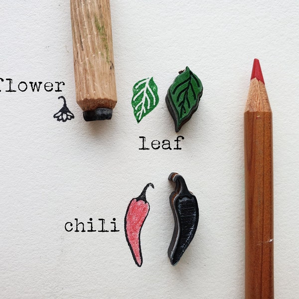 Chilli stamp, 3 stamps kit, chilli pepper, leaf, flower.  Draw your own chilli plant, lucky horn, diary decoration, paper for gift packages