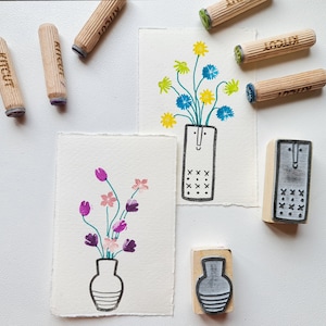 Kit di Timbri fiori e vasi. 6 fiori diversi e 2 vasi per creare biglietti di auguri, decorare l' agenda e il packaging, creare liste