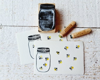 Firefly stamp kit and jar, jam jar, firefly stamps with light, 3 stamps