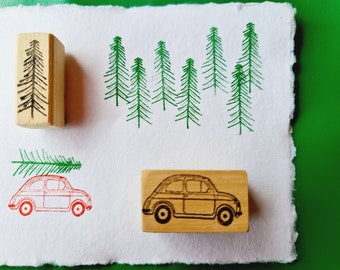 Cinquecento car with Christmas tree, kit of 2 stamps to be used separately