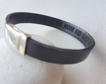 レザーブレスレット、パーソナライズされた外部および内部彫刻、ユニセックスメンズブレスレット、パーソナライズされたブレスレット、彼用、彼女用