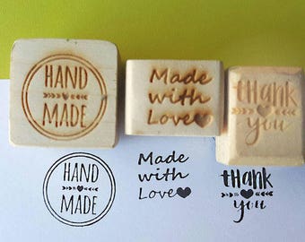 Kit  Three Stamps, Made with Love, Thank you e Hand Made: starter kit , stamps for label, tags , stamp for gift, stamps for handmade