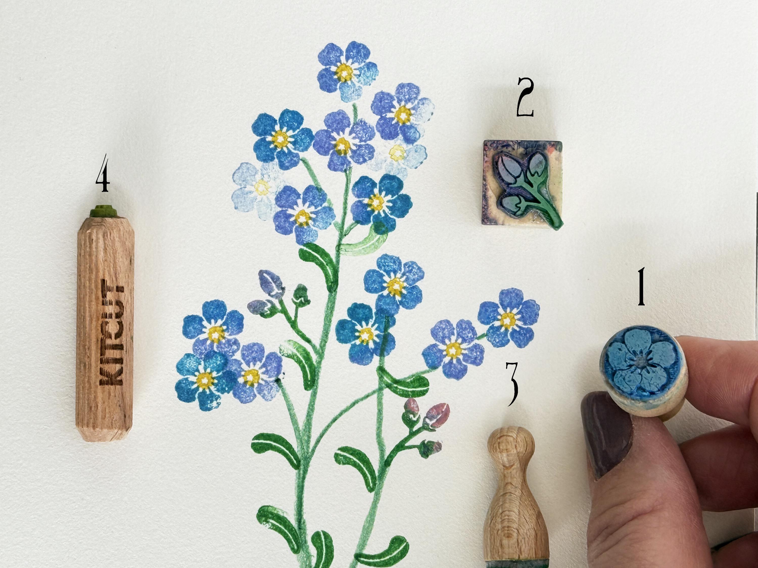 Forget-Me-Not Flower Stamp Kit – 4 Wooden Stamps for Botanical Sprigs, Cardmaking & Craft Decoration