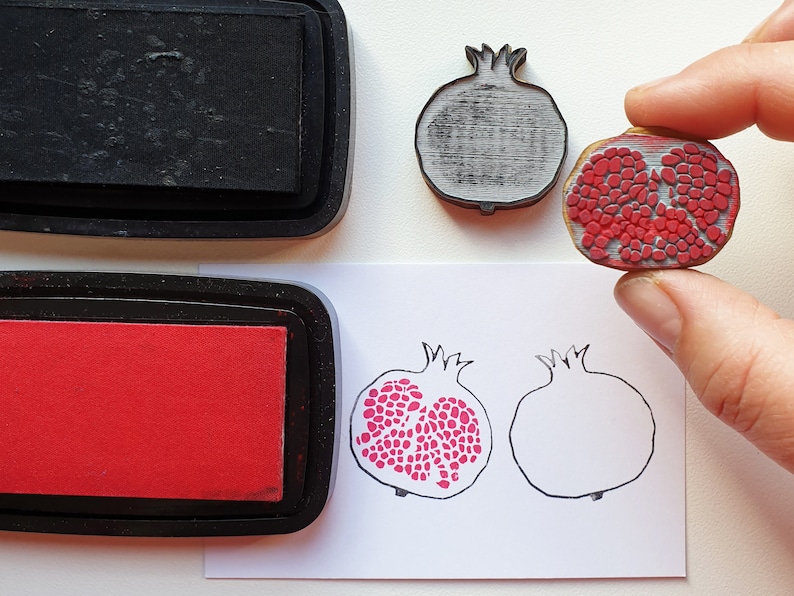 Pomegranate, 2-piece stamp, fruit stamp kit, color and draw pomegranates, decorate your diaro with stamps, stamp your cards image 1