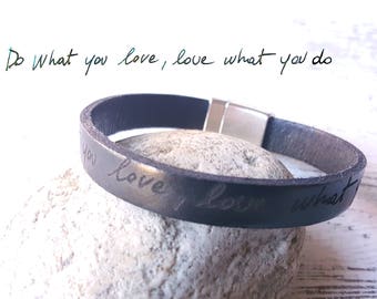 Handwriting Bracelet,mens bracelet personalized Leather, Custom Bracelet, Handwritten Bracelet, Engrave Leather Bangle,   magnetic closure