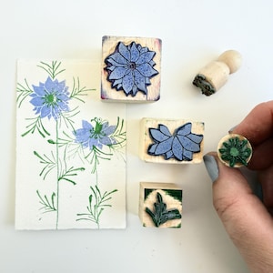 Nigella Blue Flower Stamp, 5 stempelset, twee sets stempels om bloemen, stampers en bladeren te kiezen voor uw dagboek en kaarten