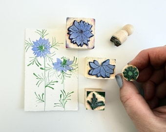 ニゲラ ブルー フラワー スタンプ、スタンプ 5 個キット、ジャーナルやカード用の花、雌しべ、葉を選べるスタンプ 2 セット