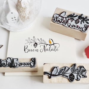 Timbro ramo Buon Natale con pettirosso, timbro in gomma e legno per Natale, decorazioni di Natale, Carta di Natale, biglietti di Natale