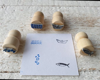 Sea kit stamps, fish stamp, wave stamp, bubble, boat. A kit of stamps to compose an ever-changing sea