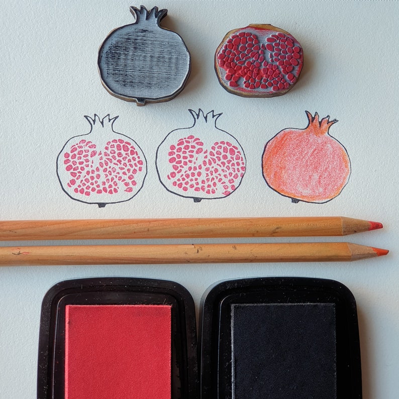 Pomegranate, 2-piece stamp, fruit stamp kit, color and draw pomegranates, decorate your diaro with stamps, stamp your cards image 2