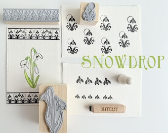 Rubber and wooden stamp kit, Snowdrop flower, decorative frame diary, agenda, journal, small flower stamps