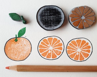 Orange, 3-piece stamp, stamp kit for use on paper, fabric, wood. Stamp with wooden base.