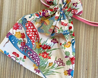Vintage White Kimono Fabric Kinchaku (drawstring Bag) With