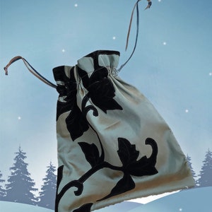 KINL1 Kinchaku (drawstring bag) handmade - iridescent taffeta with black flocked velvet cutout pattern