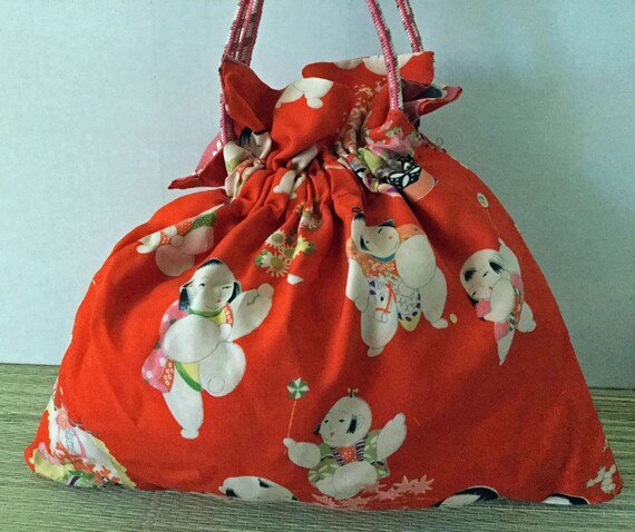 Vintage kimono fabric kinchaku (drawstring bag) w… - image 3