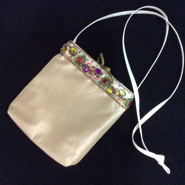 champagne silk evening bag with vintage bling and shoulder strap