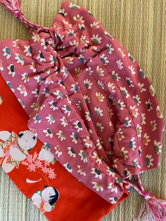 Vintage kimono fabric kinchaku (drawstring bag) w… - image 9