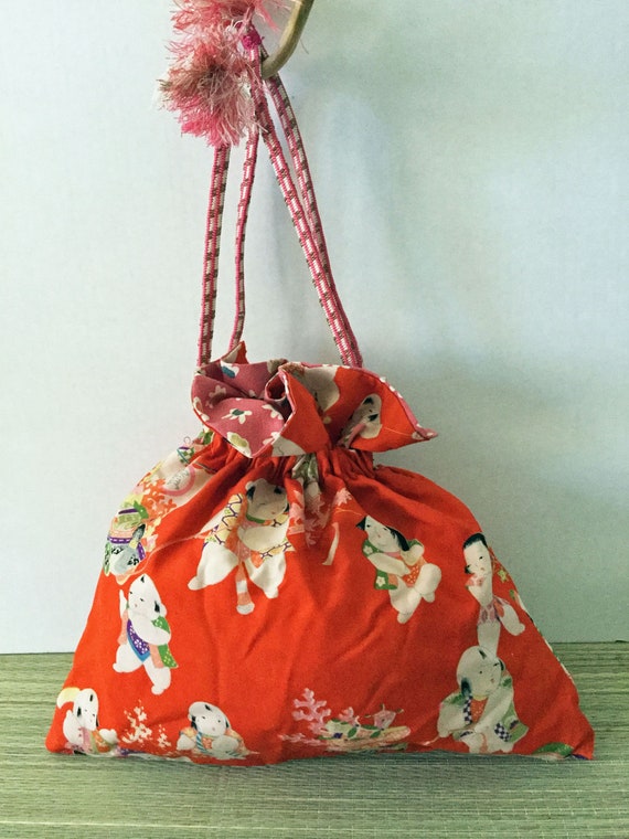 Vintage kimono fabric kinchaku (drawstring bag) w… - image 2