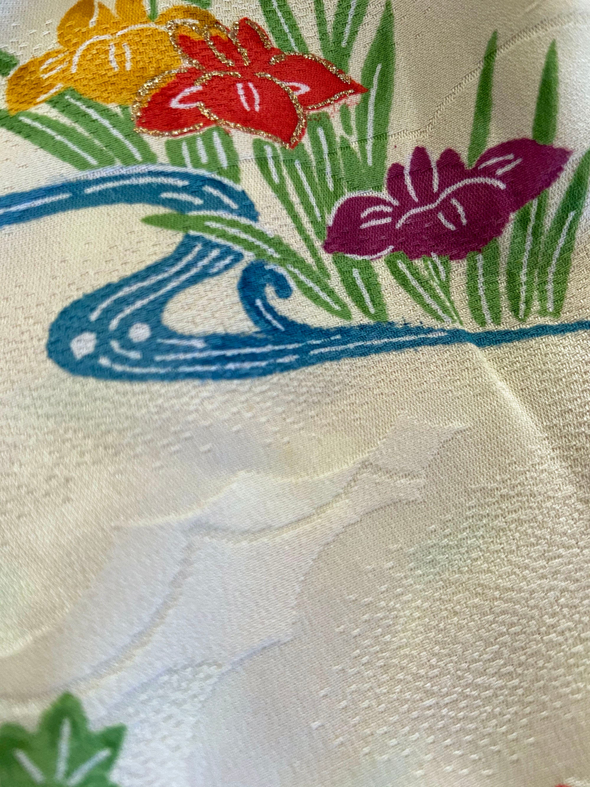 Vintage White Kimono Fabric Kinchaku (drawstring Bag) With Vintage White Kimono Fabric Kinchaku (drawstring Bag) With