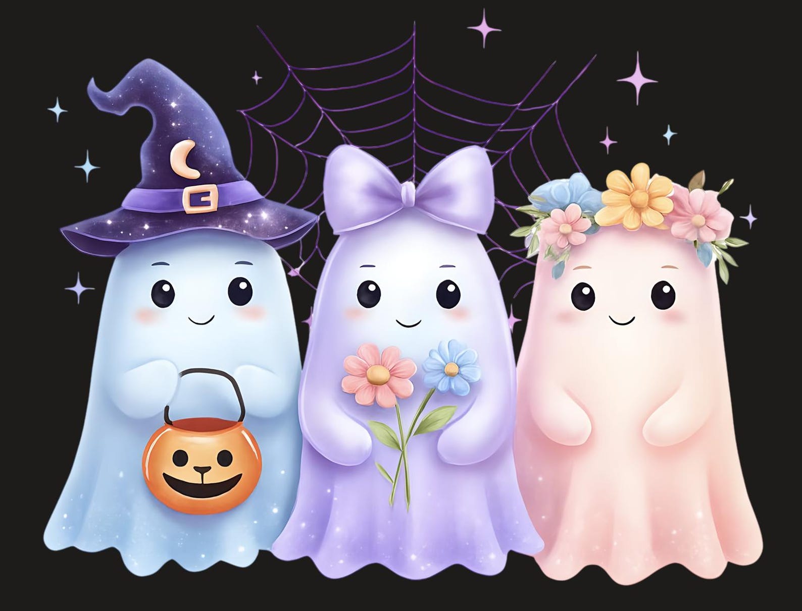 Cute Pastel Halloween Ghost Trio PNG | Ghosts With Witch Hat, Flowers ...