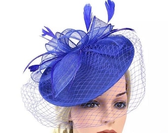 Fascinator Elegante Donna Con Piume E Velo - Blu Navy - Accessorio Per Matrimonio E Royal Ascot