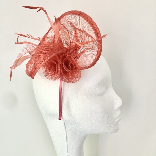 Coral, pink, orange, salmon, headband, hat, Fascinator, Fascinators, Fascinator hat, derby, derby hat, wedding, races, hair accessory, bow