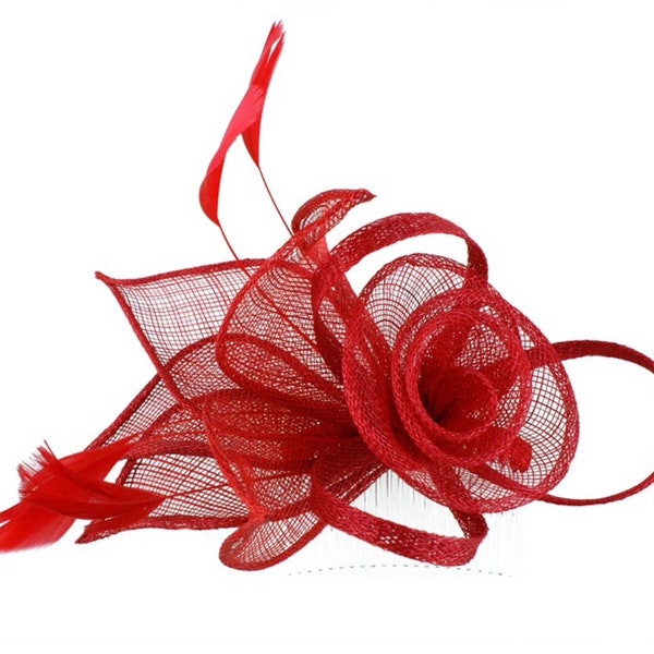 Red, crimson, rouge, pillarbox, bright red, Fascinator, fascinators, Fascinator hat, hat, hatinator, wedding, ascot, derby, races, comb, bow