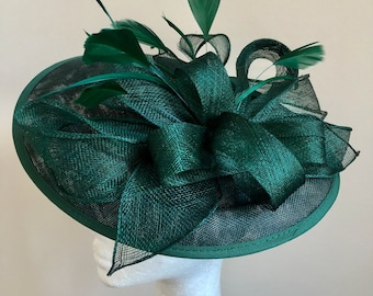 NEW! Forest Green Fascinator Hat New Dark Forest Emerald Green Round Sinamay Loop and Petal  main image 4