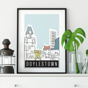 Doylestown PA Art Print | PA travel poster | Bucks County | Doodle Art | Abstract Travel | Landmark Art | County Theater | Modern Doylestown