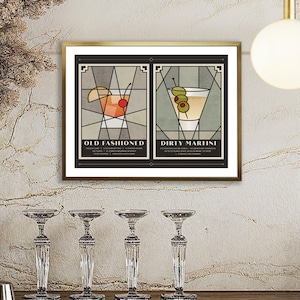 Póster de cócteles de 8 x 10 pulgadas / Arte para carrito de bar / Bebidas de autor / Old Fashioned / Dirty Martini / Art Decó / Amante de los cócteles / Decoración de bar para el hogar