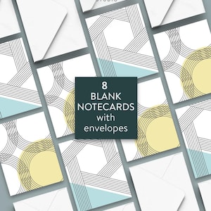 May include: Eight blank notecards with envelopes. The notecards feature a geometric design with black lines and a yellow circle. The envelopes are white.