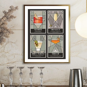 Póster de cócteles de 28 x 35 cm / Arte de carrito de bar / Negroni / French 75 / Dirty Martini / Sidecar / Art Déco / Arte de cócteles retro / Amante de los cócteles