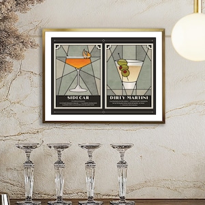 Póster de cócteles de 8 x 10 pulgadas / Arte para carrito de bar / Bebidas de autor / Sidecar / Martini sucio / Art Déco / Amante de los cócteles / Decoración de bar para el hogar