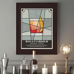 Arte de carrito de bar / Arte de cócteles Boulevardier / Póster de cócteles / Impresión art déco / Arte de cócteles retro / Centeno / Bourbon / Campari / Vermut
