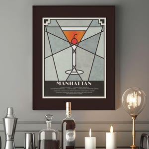 Arte de carrito de bar / Impresión artística de cócteles de Manhattan / Póster de cócteles / Bebida de Manhattan / Impresión art déco / Arte de cócteles retro / Decoración de bar para el hogar