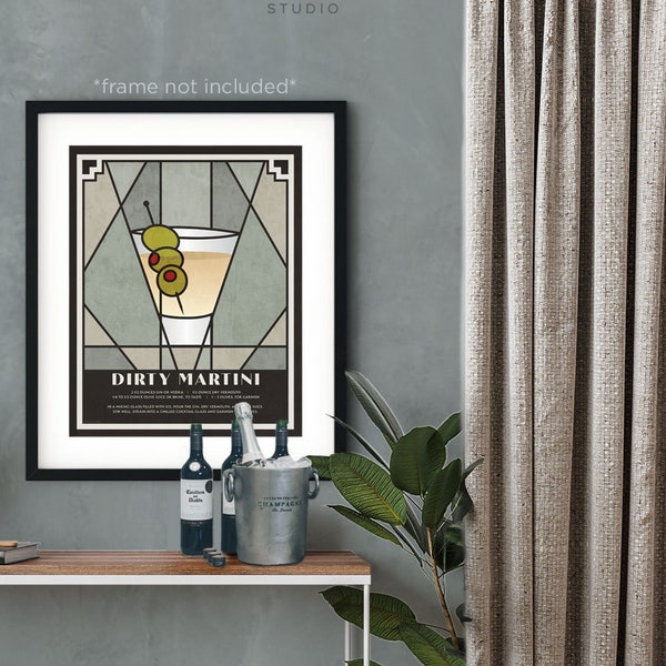 Bar Cart Art | Dirty Martini Cocktail Art Print | Cocktail Poster | Dirty Martini Drink | Art Deco Print | Retro Cocktail Art