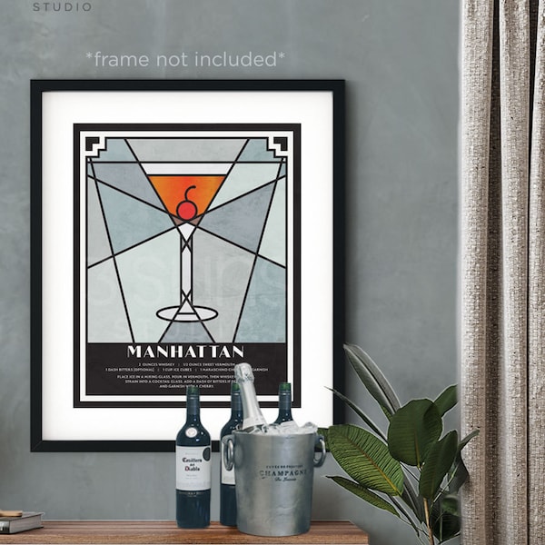 Bar Cart Art | Manhattan Cocktail Art Print  | Cocktail Poster | Manhattan Drink | Art Deco Print | Retro Cocktail Art