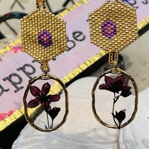 Hand Beaded/Real Wild Flowers from our Yard/ Hypoallergenic/ gold tone