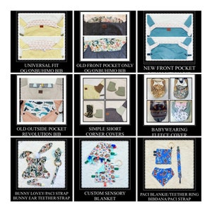 Puede incluir: Un collage de nueve im&aacute;genes que muestran diferentes productos de porteo para beb&eacute;s, incluyendo baberos, cubiertas y mantas sensoriales. Las im&aacute;genes presentan varios patrones y colores, como estampados florales, geom&eacute;tricos y de animales. El texto en las im&aacute;genes describe los diferentes tipos de productos y sus caracter&iacute;sticas.