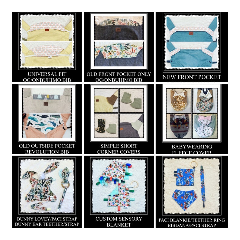 Puede incluir: Un collage de nueve im&aacute;genes que muestran diferentes productos de porteo para beb&eacute;s, incluyendo baberos, cubiertas y mantas sensoriales. Las im&aacute;genes presentan varios patrones y colores, como estampados florales, geom&eacute;tricos y de animales. El texto en las im&aacute;genes describe los diferentes tipos de productos y sus caracter&iacute;sticas.